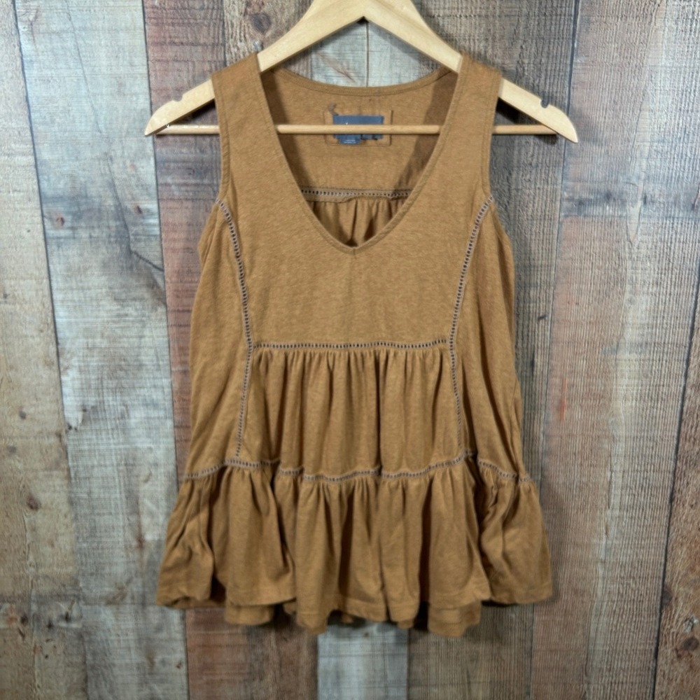 Anthropologie Brown Cotton Blend Tiered Babydoll Tank Top Ladder Lace XS